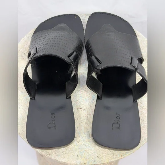 Dior Men’s Black Leather Logo Slides Sandals EU 41.5 (8-8.5) Made in Italy - Picture 2 of 6